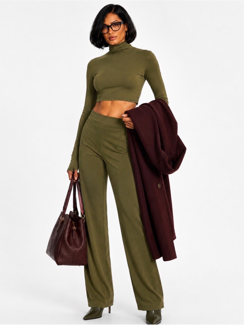 New with Tags Norma Kamali Cropped Long Sleeve Turtle Neck Military/Olive Sz M